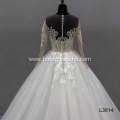 Luxury Beautiful Flower Lace Pattern Long Sleeve Wedding Dress Bridal Gowns Big Puffy Chapel Train